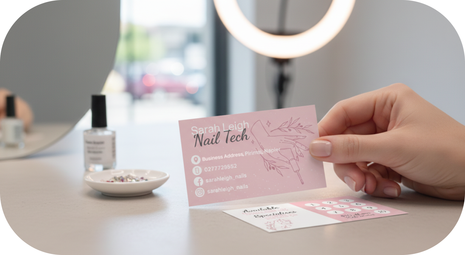 A person holding a pink business card for 'Sarah Leigh Nail Tech' with contact information. In the background, there is a small white dish with tiny decorative elements, a bottle of nail polish, and a ring light in a nail salon setting.