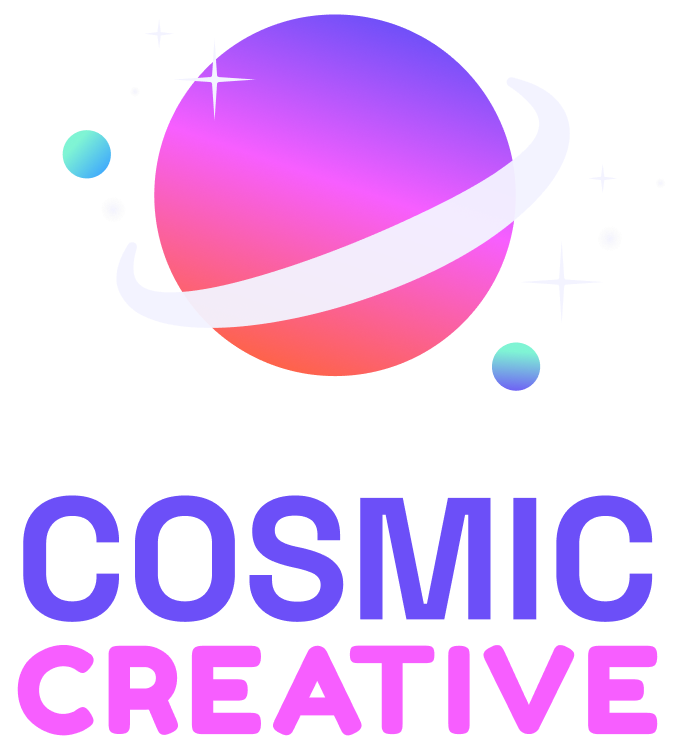 Cosmic Creative logo that includes a planet, stars and the words Cosmic Creative