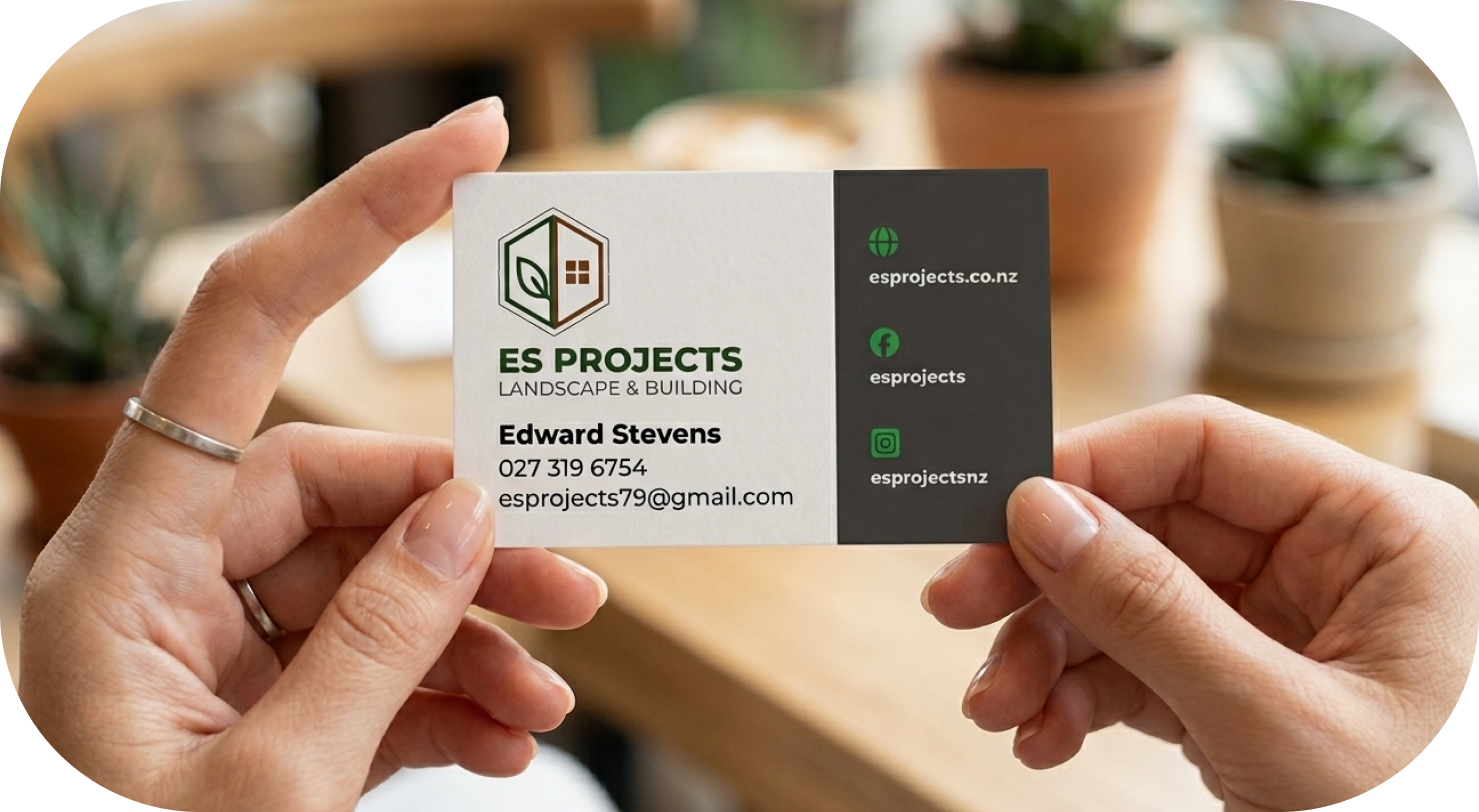 A person holding a business card for ES Projects, a landscape and building company, with contact information and social media handles, against a background of potted plants on a wooden table.