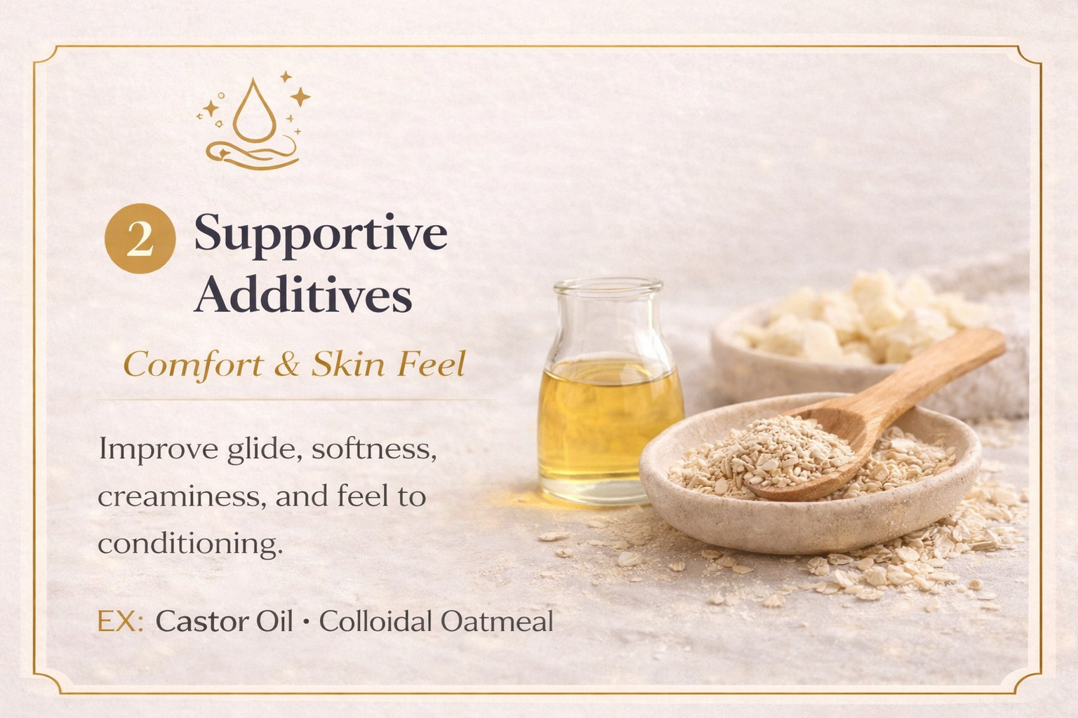 An infographic titled 'Supportive Additives', featuring a small icon of a droplet and sparkles at the top left. The text discusses support for comfort and skin feel, mentioning ingredients like castor oil and colloidal oatmeal. In the background, there is a glass container of yellow oil, a bowl of oats with a wooden spoon, and another bowl of whitish cream or lotion.