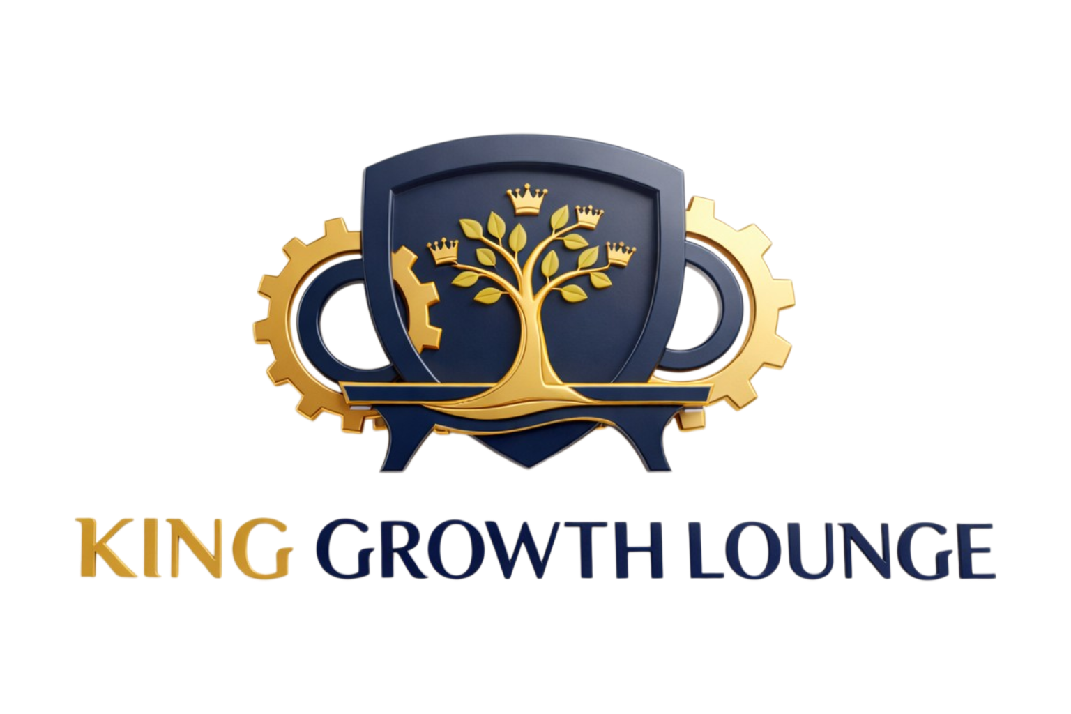 King Growth Lounge logo featuring a crowned tree inside a shield with gear elements representing growth, knowledge, and skincare science.