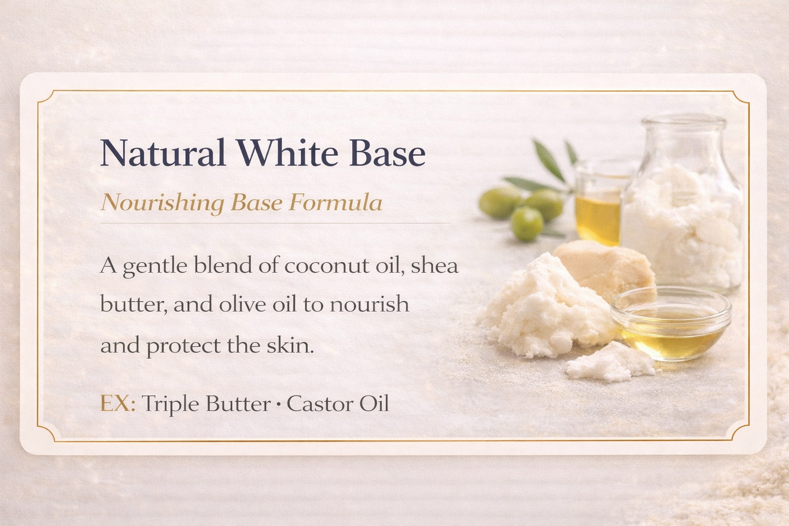 Text on a light-colored background with ingredients including coconut oil, shea butter, and olive oil. Small bowls of oil and shea butter are placed on the right, with green olives and olive oil in the background.