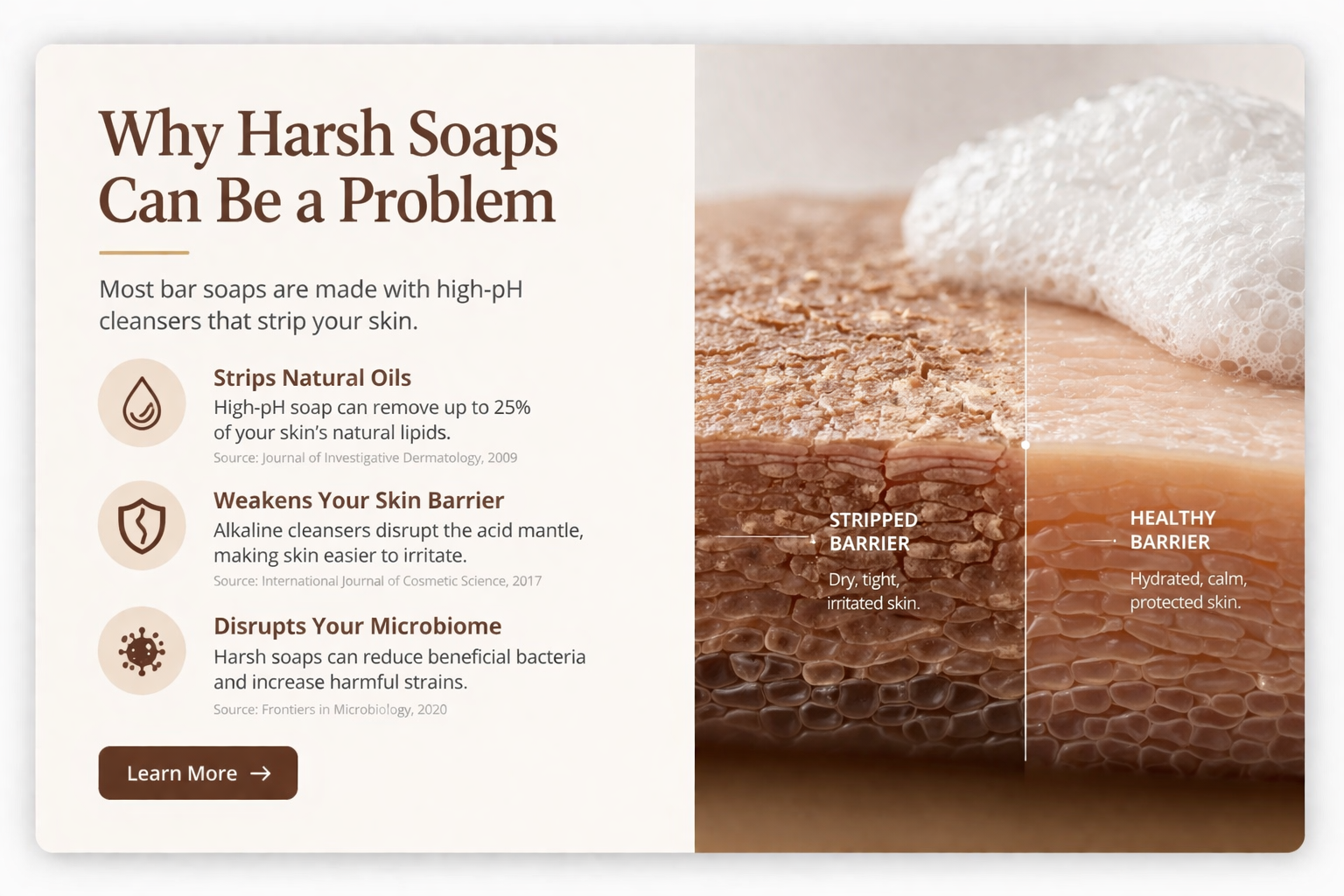 Infographic comparing stripped and healthy skin barriers. The stripped barrier appears dry, tight, and irritated, while the healthy barrier is hydrated, calm, and protected. Text explains that harsh soaps can strip natural oils, weaken the skin's barrier, and disrupt the microbiome.