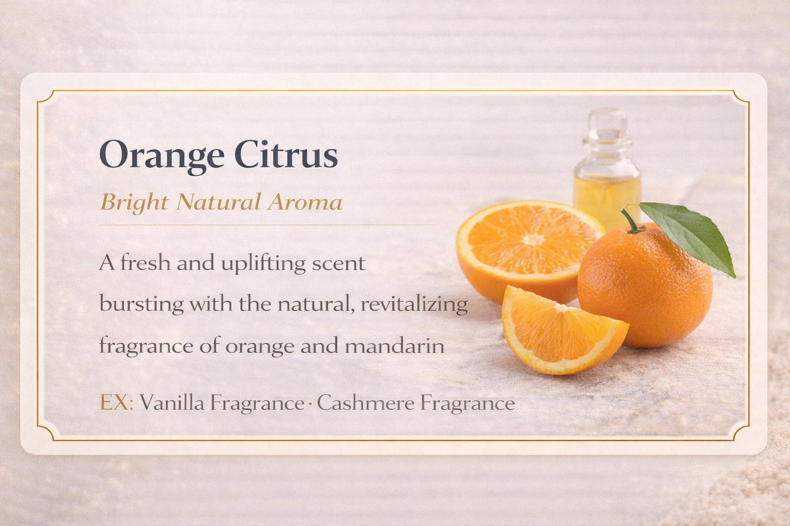 A product label featuring orange citrus scent with an image of a whole and sliced orange, a small bottle of essential oil, and a leaf.