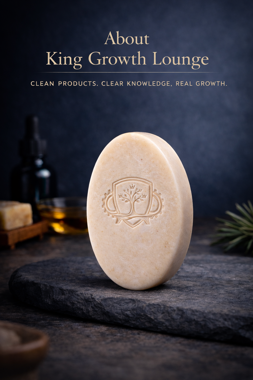 A beige soap with an embossed logo of a tree inside a shield, placed on a dark wooden surface with a dark background, accompanied by soap and skincare bottles in the background.