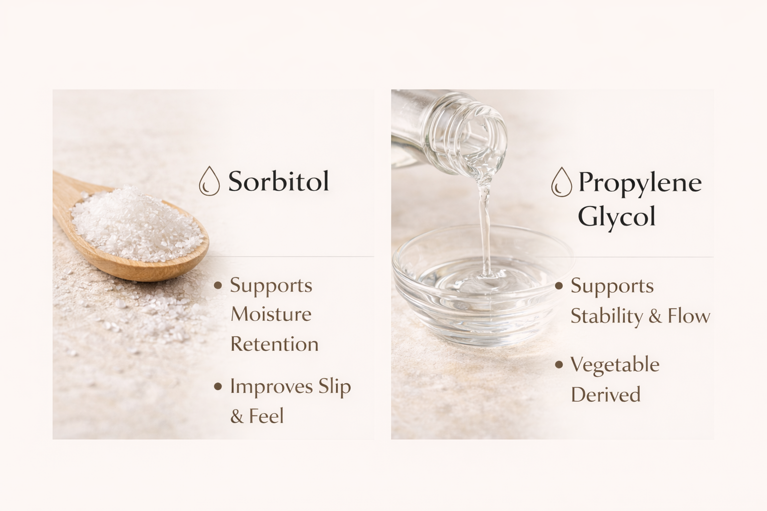 Comparison of sorbitol and propylene glycol with descriptions of their uses and benefits, including images of salt and a pouring liquid