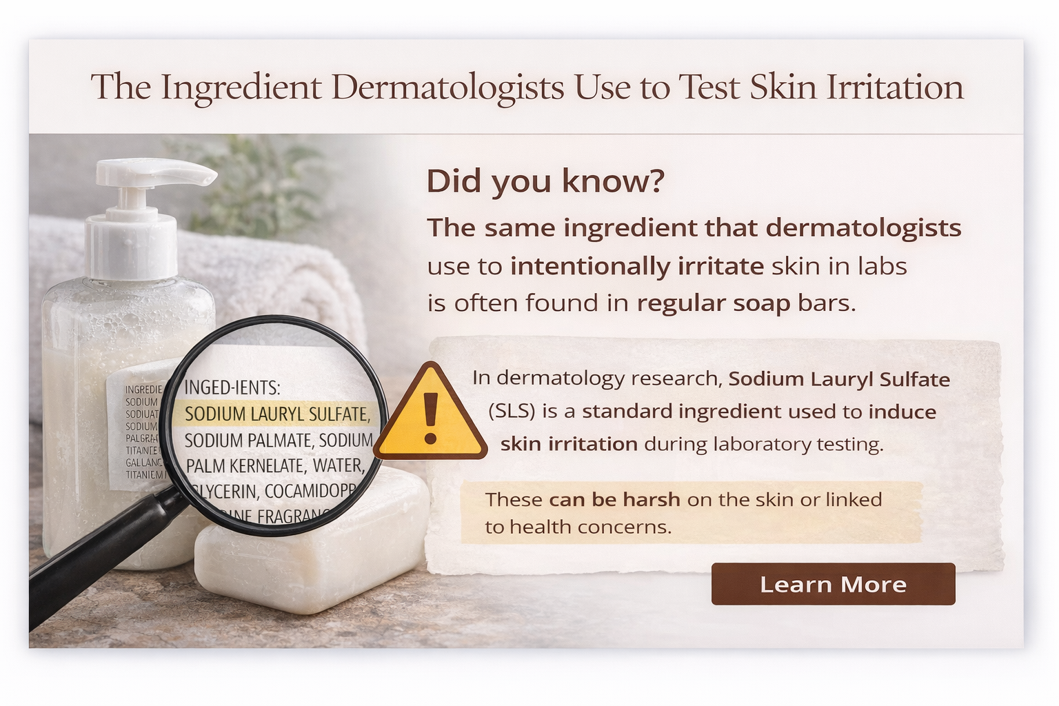 Information about the use of sodium lauryl sulfate in skincare testing, showing a soap bar, a pump bottle, a magnifying glass highlighting ingredients listing sodium lauryl sulfate, and a warning symbol, with text explaining its role and potential skin irritation.