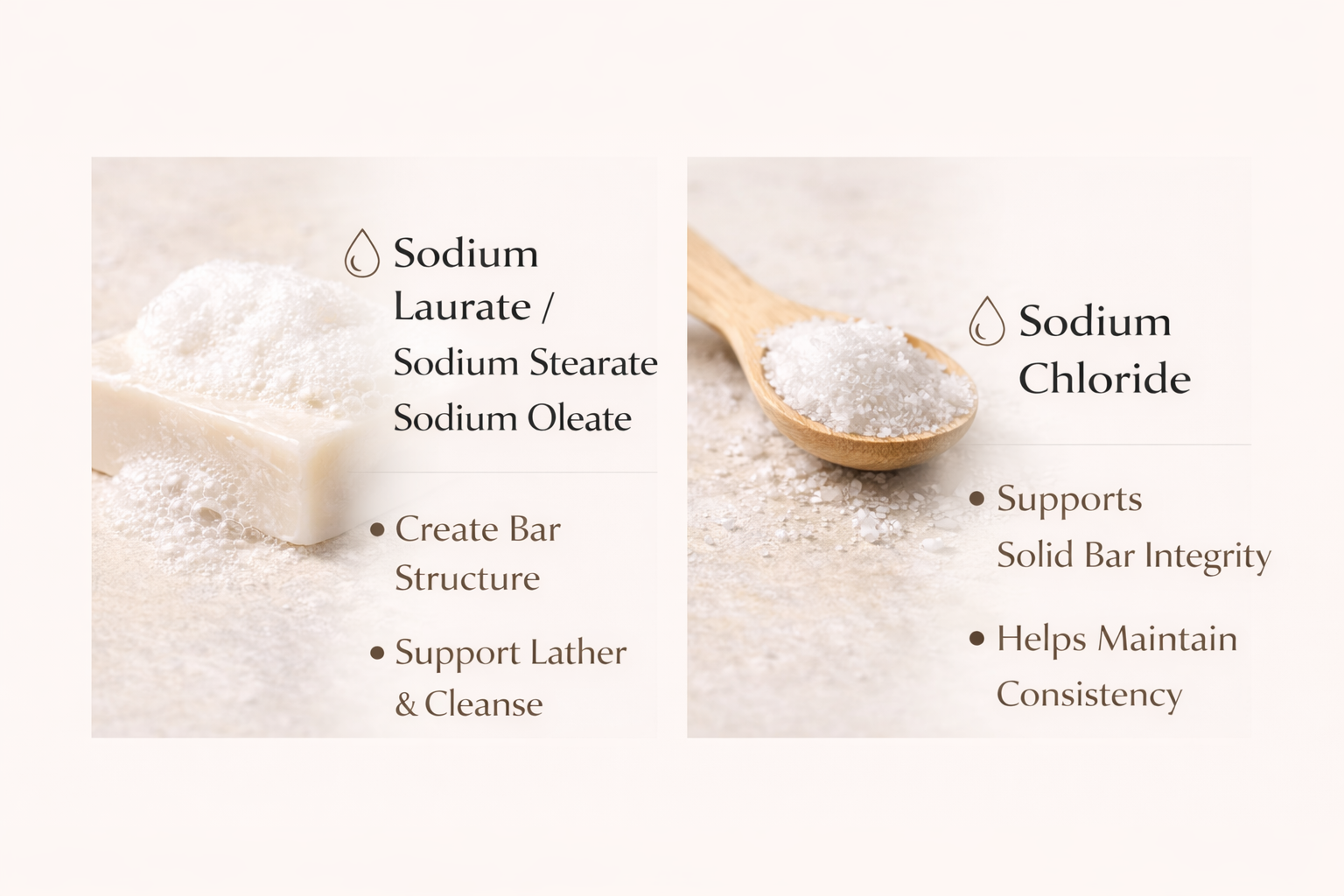 Comparison of two types of salt: sodium laurate and sodium chloride, with descriptions of their uses in soap making.