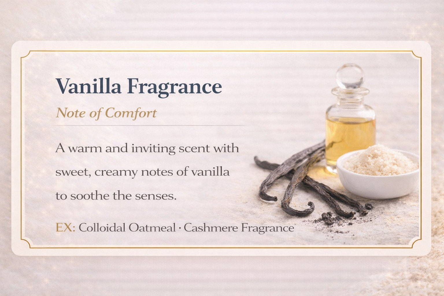 Display of vanilla fragrance with a small bottle of vanilla extract, vanilla beans, and a bowl of vanilla powder