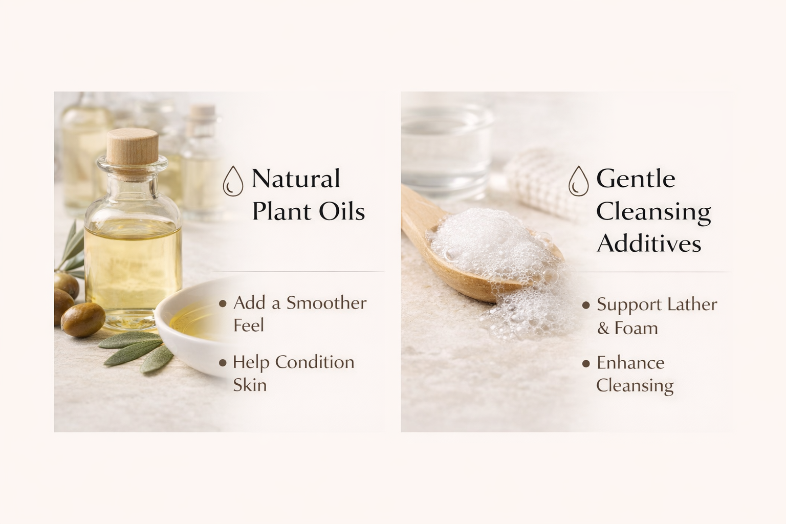 Side-by-side images showing natural plant oils and gentle cleansing additives. The first image features a small bottle of yellow oil, a bowl of oil, and olives with leaves, with text indicating their benefits for smoother skin and conditioning. The second image shows a wooden spoon with foam and a glass of water, with text highlighting support for lather and foam and enhancing cleansing.