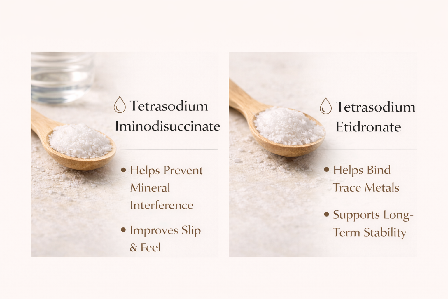 Comparison of two types of salt, each in a wooden spoon. The left side shows Tetrasodium Iminodisuccinate, which helps prevent mineral interference and improves slip and feel. The right side shows Tetrasodium Ethrondate, which helps bind trace metals and supports long-term stability.