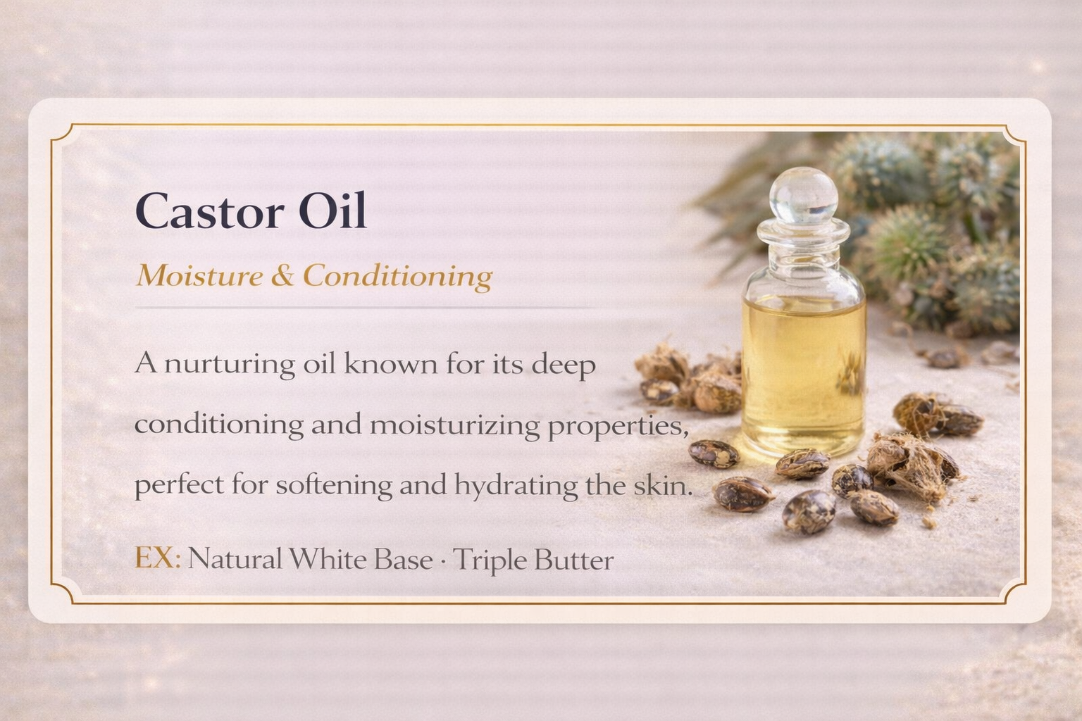 Label for castor oil showing a small glass bottle of oil, surrounded by castor seeds, with a decorative plant in the background. The label states castor oil is used for moisture and conditioning, with natural white base and triple butter as examples.