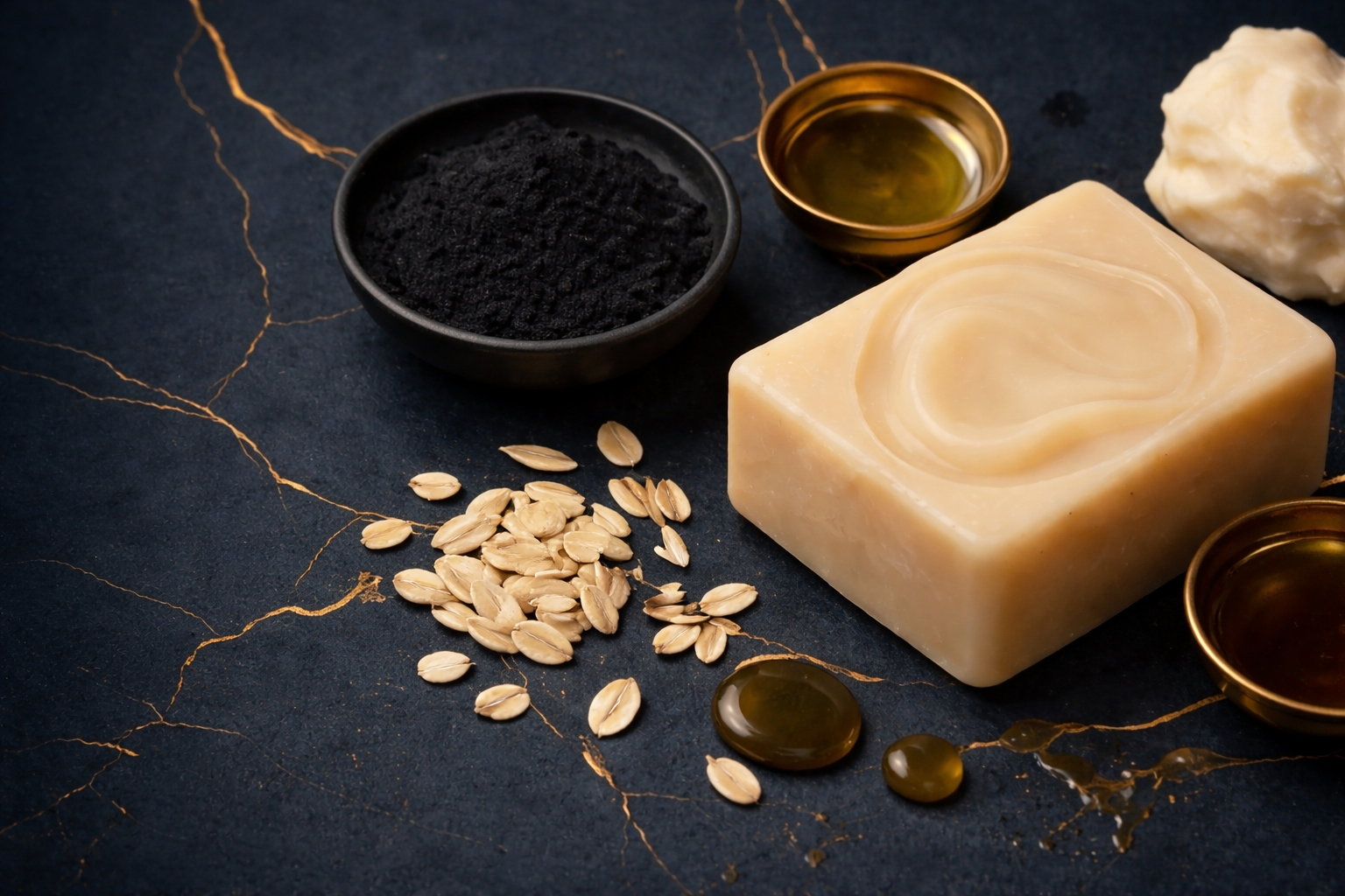 Various natural skincare ingredients including a large bar of soap, a dollop of shea butter, black charcoal powder, golden essential oils in small bowls, oats, and some oil drops on a dark, textured surface.