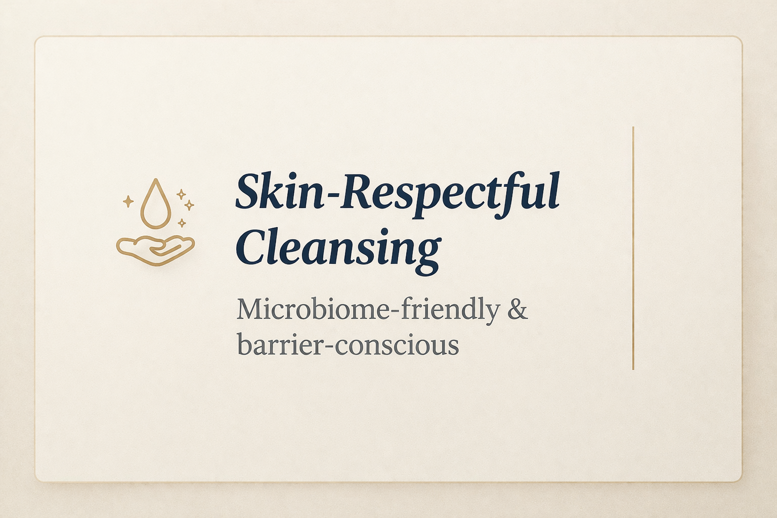 Text and icon on skincare product label: 'Skin-Respectful Cleansing, Microbiome-friendly & barrier-conscious' with a line drawing of a hand and a drop of liquid.