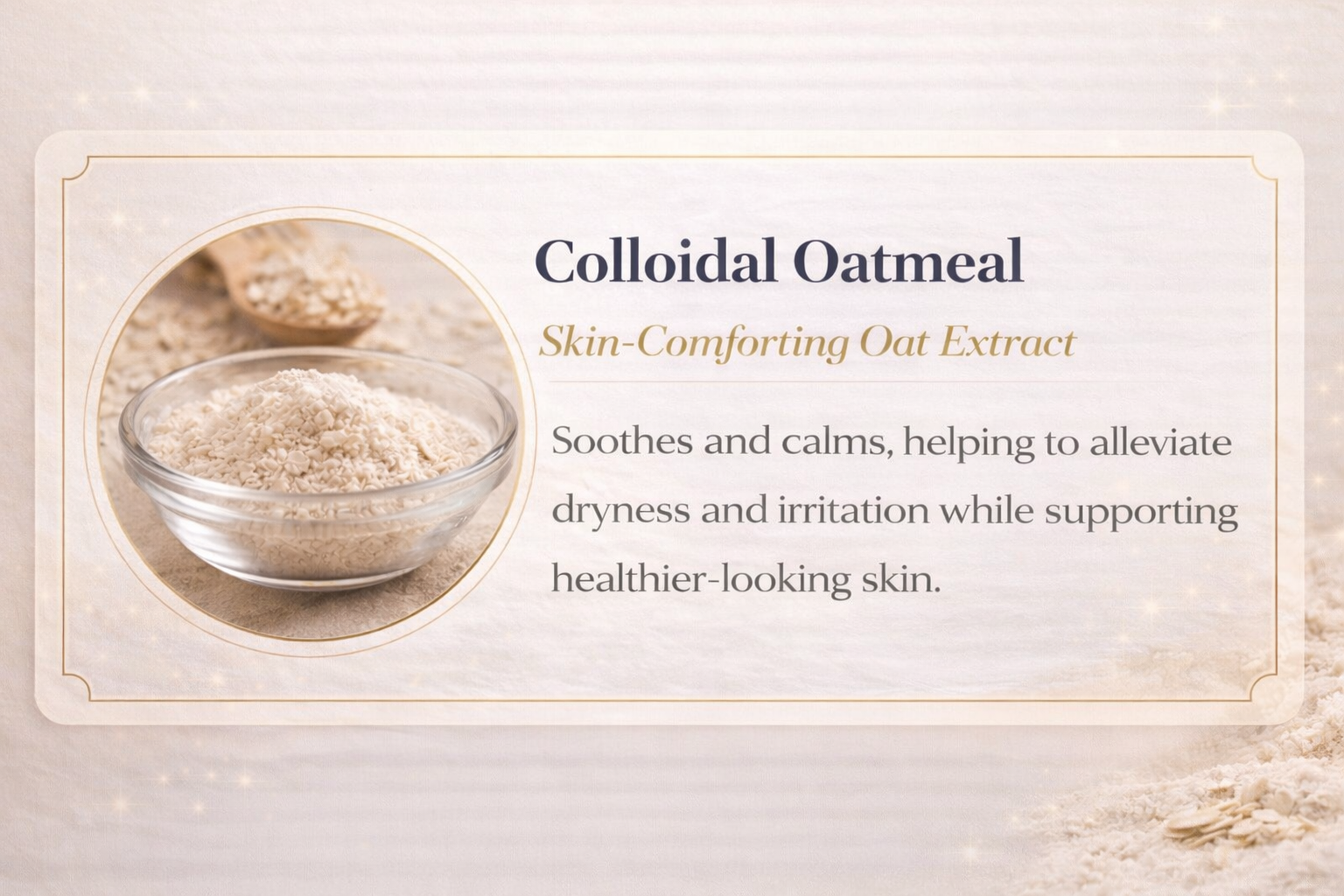 Close-up of a glass bowl filled with powdered oat extract, with a wooden spoon containing oats in the background, on a beige surface, promoting collagen oatmeal for skin health.