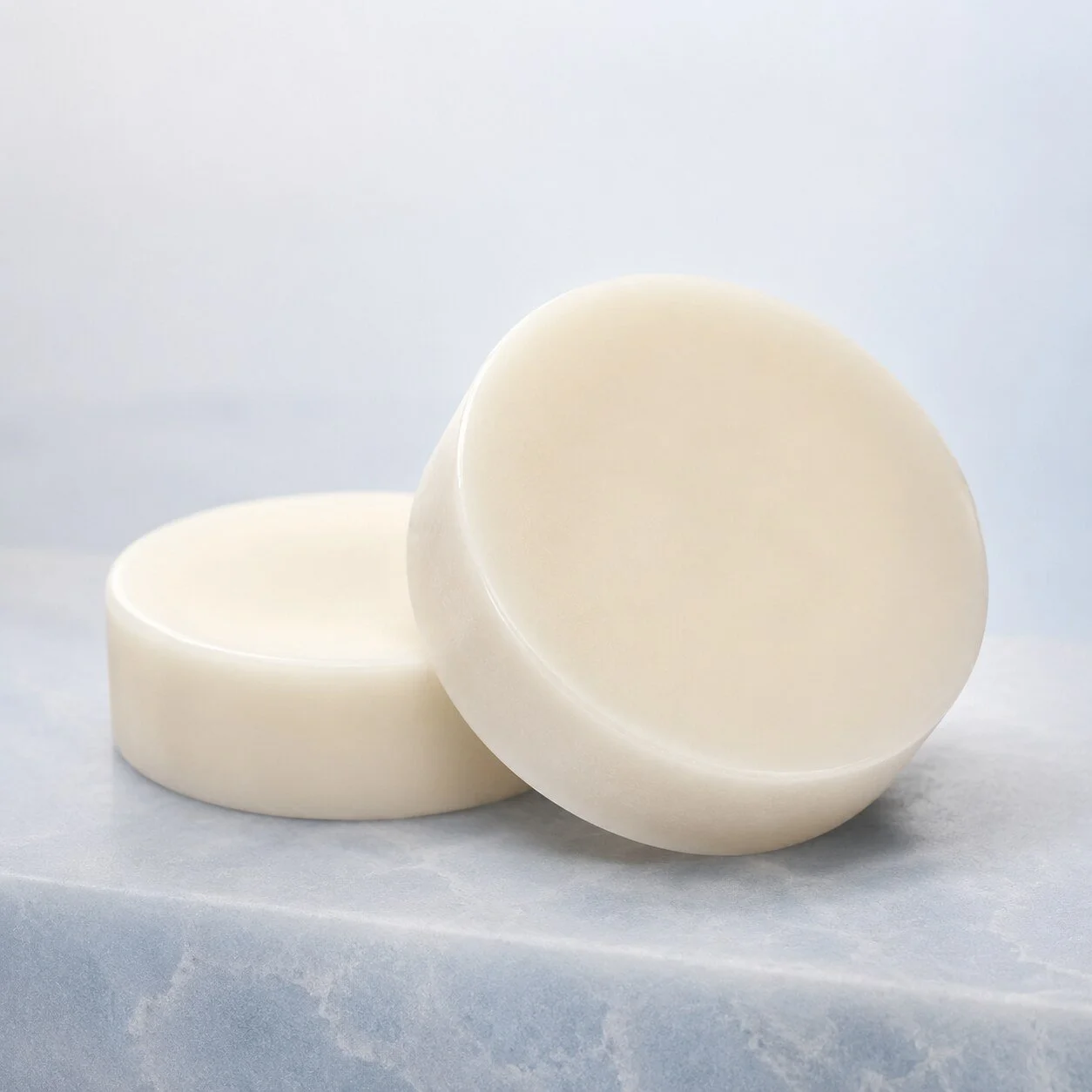 Two ivory Serevia fragrance-free cleansing bars on a soft blue stone surface.