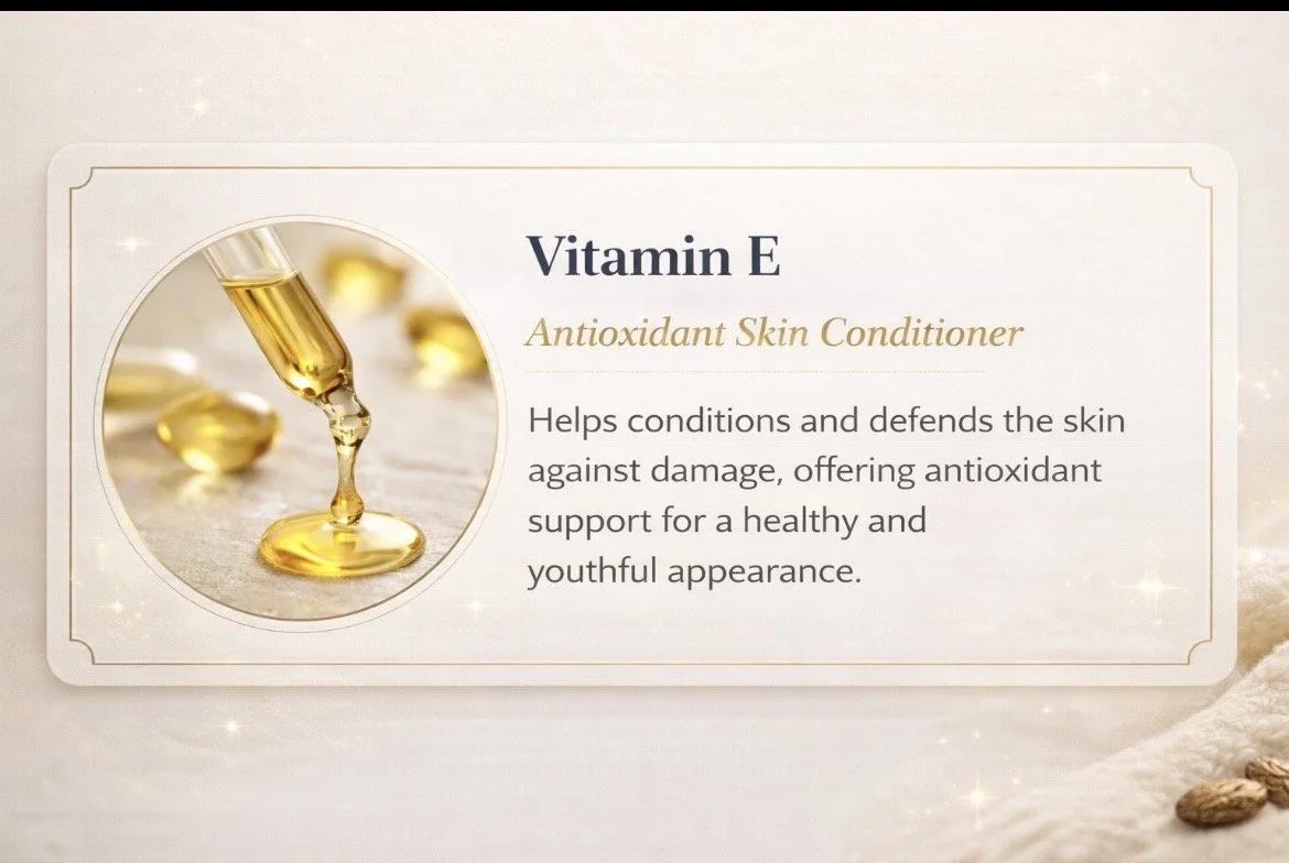 Information about Vitamin E as an antioxidant skin conditioner, with an image of a dropper dispensing oil, on a light background with subtle sparkling effects.