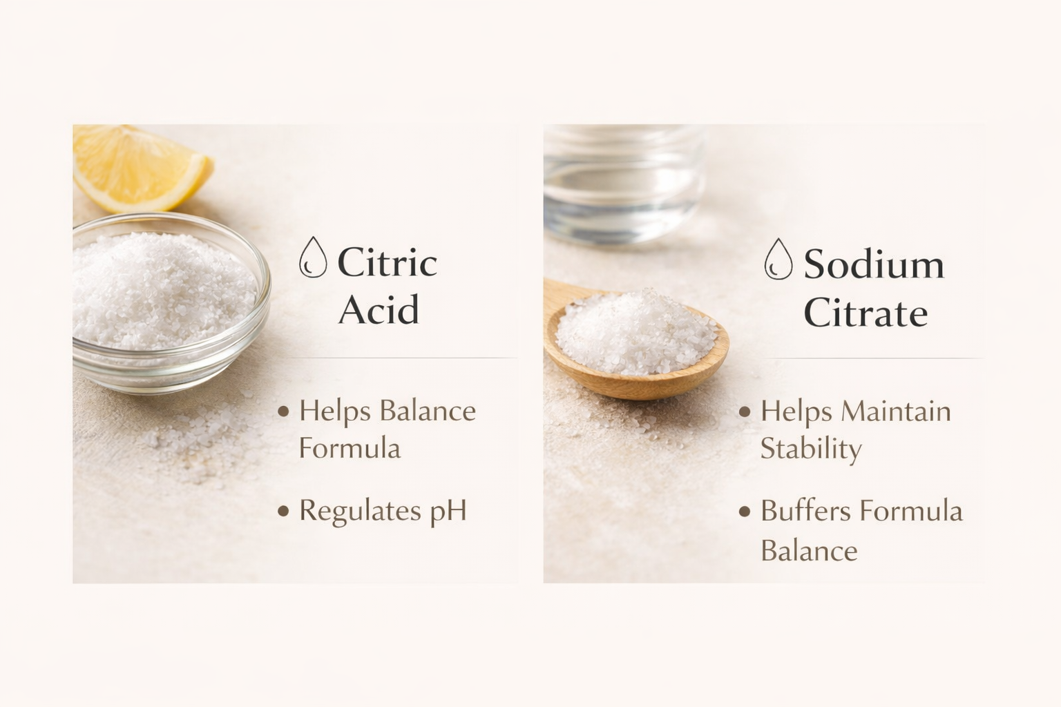 An infographic comparing citric acid and sodium citrate, showing images of salt, lemon, and a glass of water. Citric acid helps balance formula and regulate pH, while sodium citrate helps maintain stability and buffers formula balance.