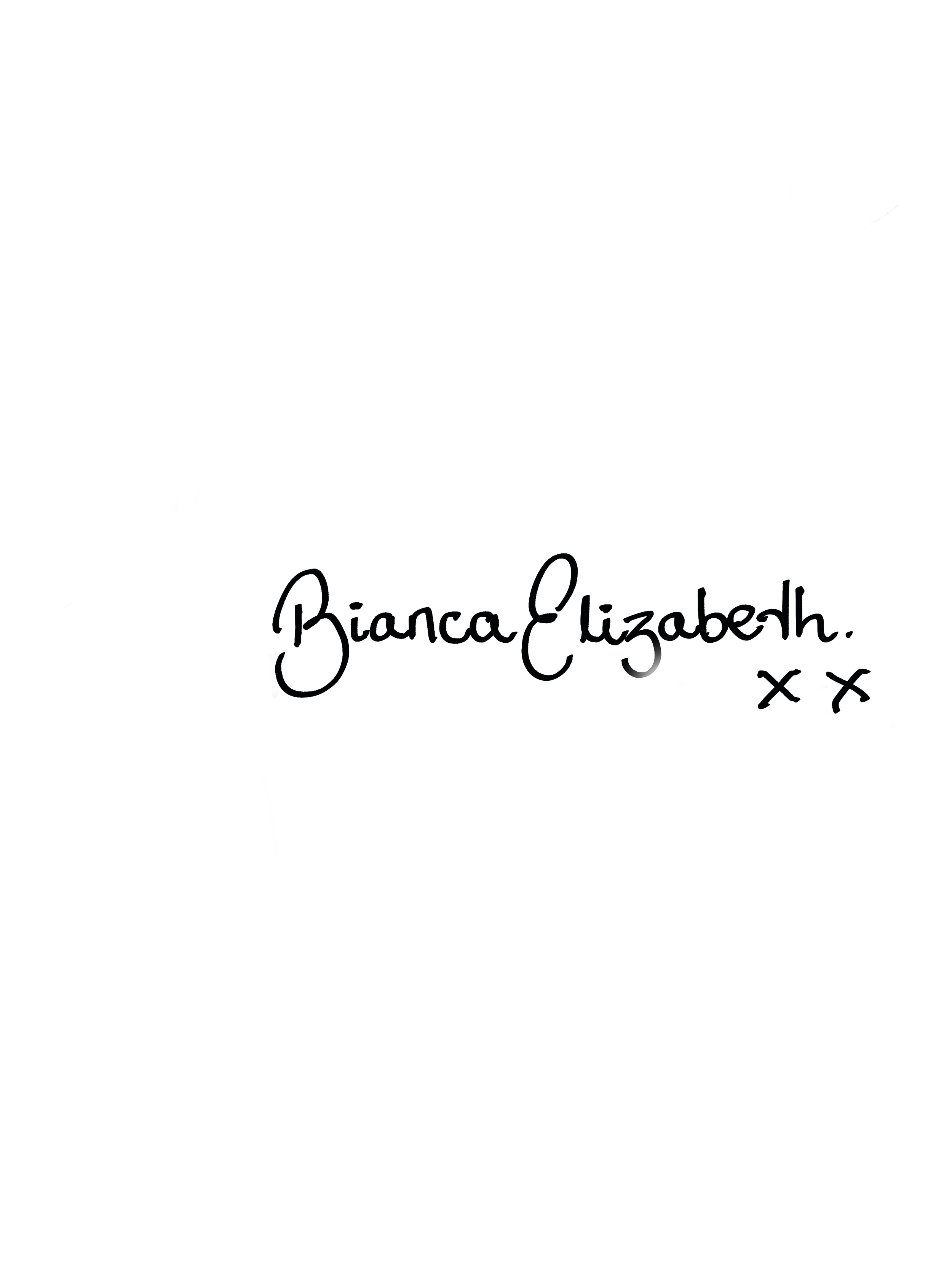 A handwritten message on black paper: 'Yes, Bianca Elizabeth xx' with small heart and kiss symbols.