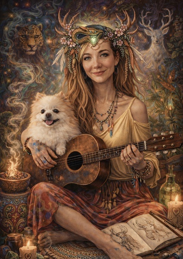 A woman with long red hair wearing a yellow top and layered necklaces, sitting cross-legged on the floor with a small dog on her lap. She is holding a guitar. She wears a decorative headdress with dragon and floral motifs. The background features fantasy elements like a lion, a stag, and mystical glowing plants and candles, creating a mystical, bohemian atmosphere.