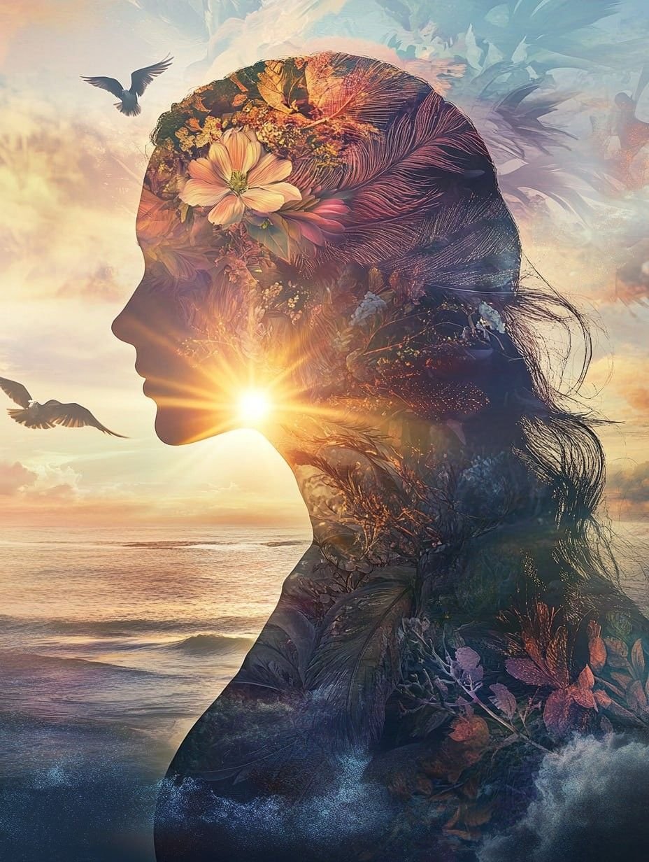 A double exposure image of a woman's silhouette combined with a sunset, ocean, flowers, leaves, and flying birds.