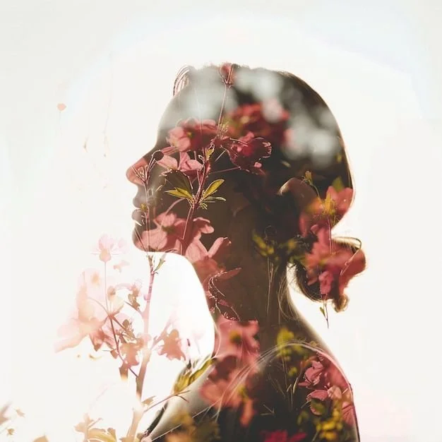 Silhouette of a woman with pink flowers and greenery superimposed, creating a double exposure effect.