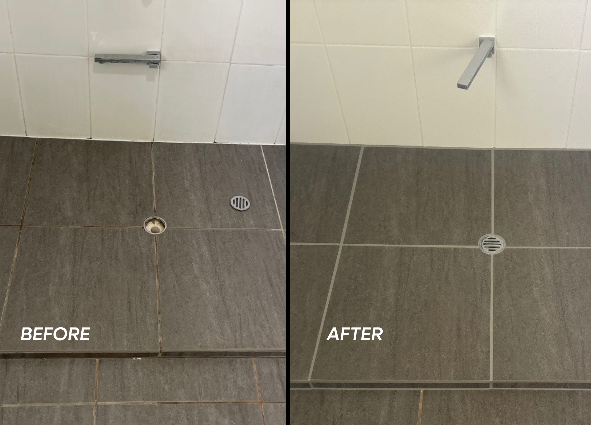 before and after of a leaking shower that is now fixed and regrouted