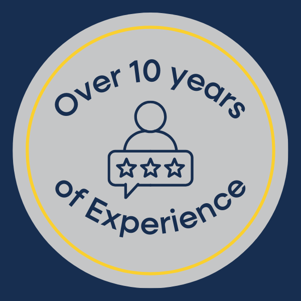 A circular badge with a light gray background and a yellow outline. Text reads "Over 10 years of Experience" in dark blue, with an icon of a person and a speech bubble containing three stars.