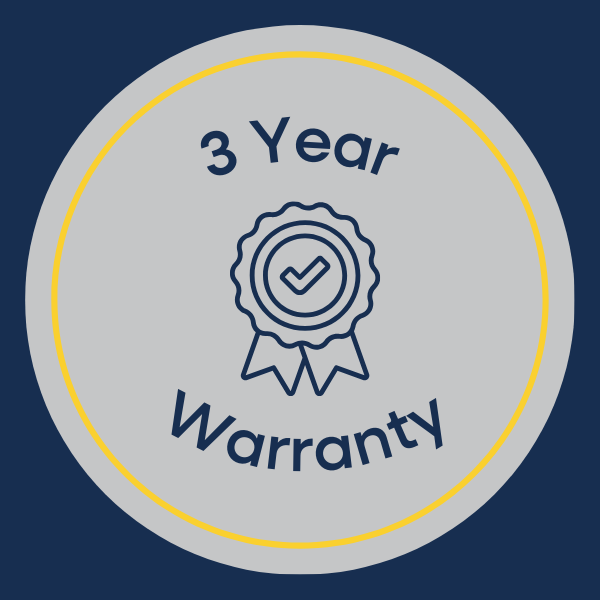 A circular warranty badge with a yellow border on a dark blue background, featuring a checkmark inside a badge icon, and the text '3 Year Warranty' around the badge.