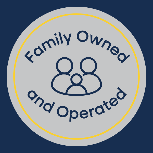 A circular badge with a gray background and yellow border, containing text that says 'Family Owned and Operated' and an icon of three people.