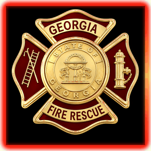 Fire rescue emblem from Georgia featuring a gold maltese cross with symbols of firefighting, including a ladder and fire hydrant, and the state seal at the center.