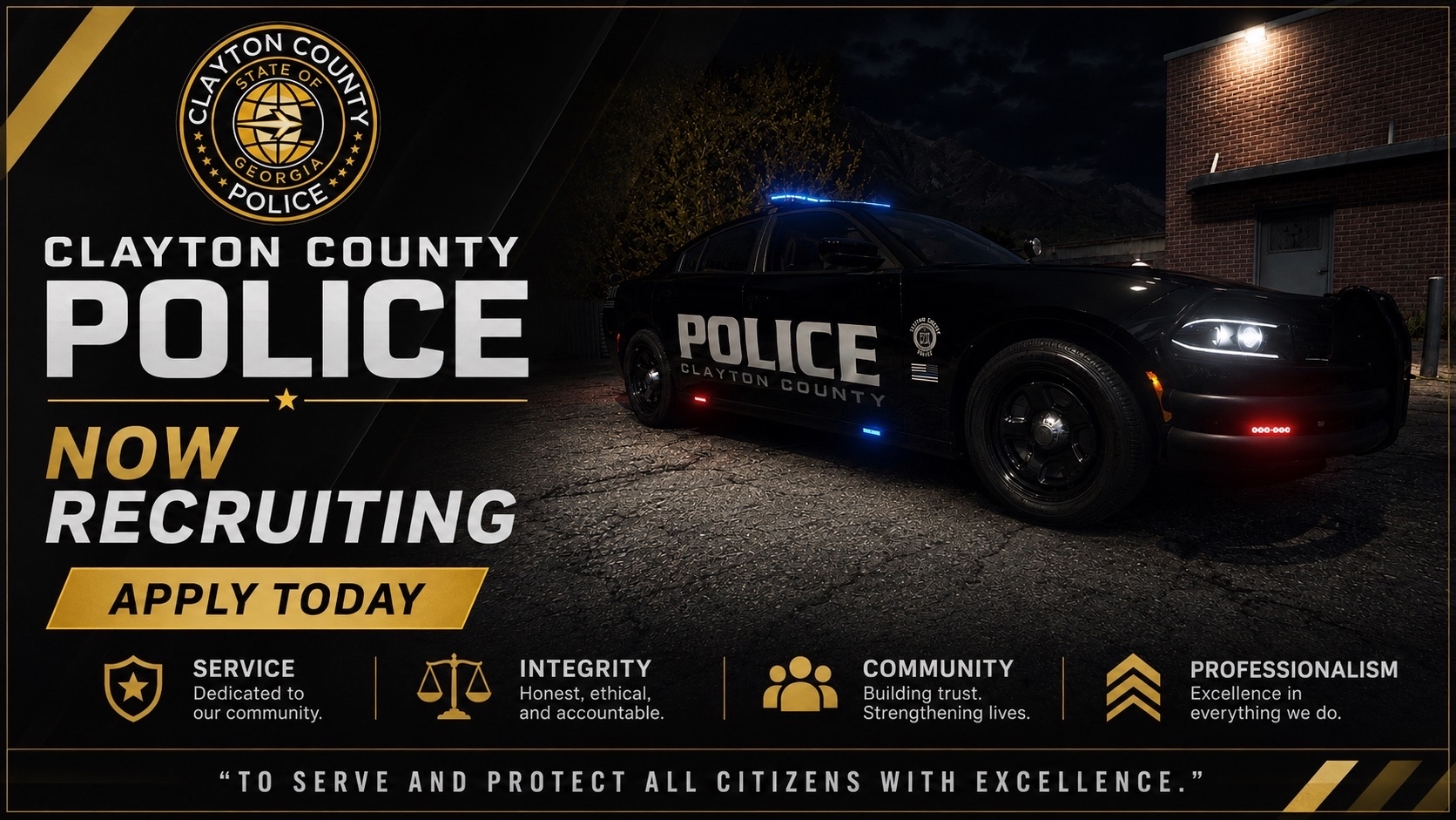 A Clayton County police car parked at night with the police department's branding visible, and a recruitment poster displayed on the left side offering jobs with the police department.