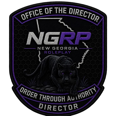 A badge with a black panther and purple lightning, displaying the text 'Office of the Director,' 'Order Through Authority,' 'New Georgia Roleplay,' and 'Director,' with the acronym NGRP.