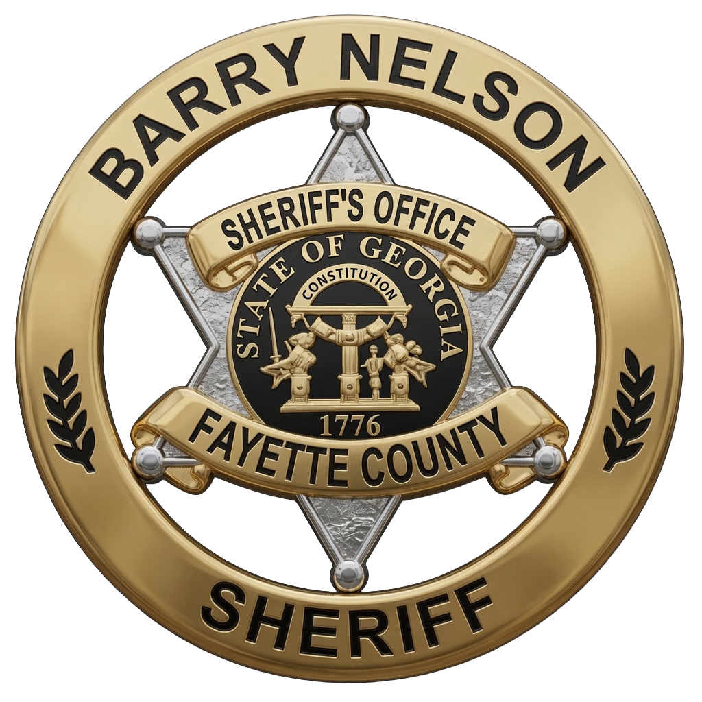 Badge of the Fayette County Sheriff's Office in Georgia, featuring a central emblem with a wreath, scales, and figures, surrounded by a gold ring with the text "Barry Nelson," "Fayette County," "Sheriff," and "State of Georgia".