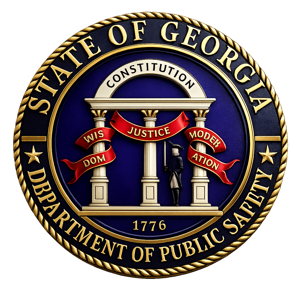 Seal of the Georgia Department of Public Safety, featuring a blue background with gold text and a red ribbon with words 'Wisdom', 'Justice', and 'Moderation.' A partial depiction of a political figure and columns are also visible.