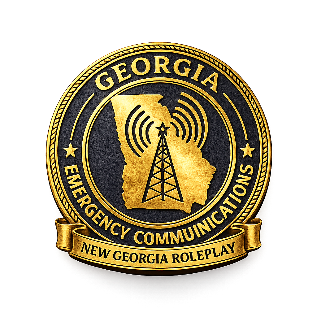 A badge for Georgia Emergency Communications featuring a gold outline of Georgia with an antenna tower in the center and radio signal lines, with gold text on a black background.