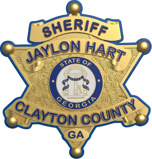 A badge showing it's for the Clayton County Sheriff's Office in Georgia, featuring the name Jaylon Hart.