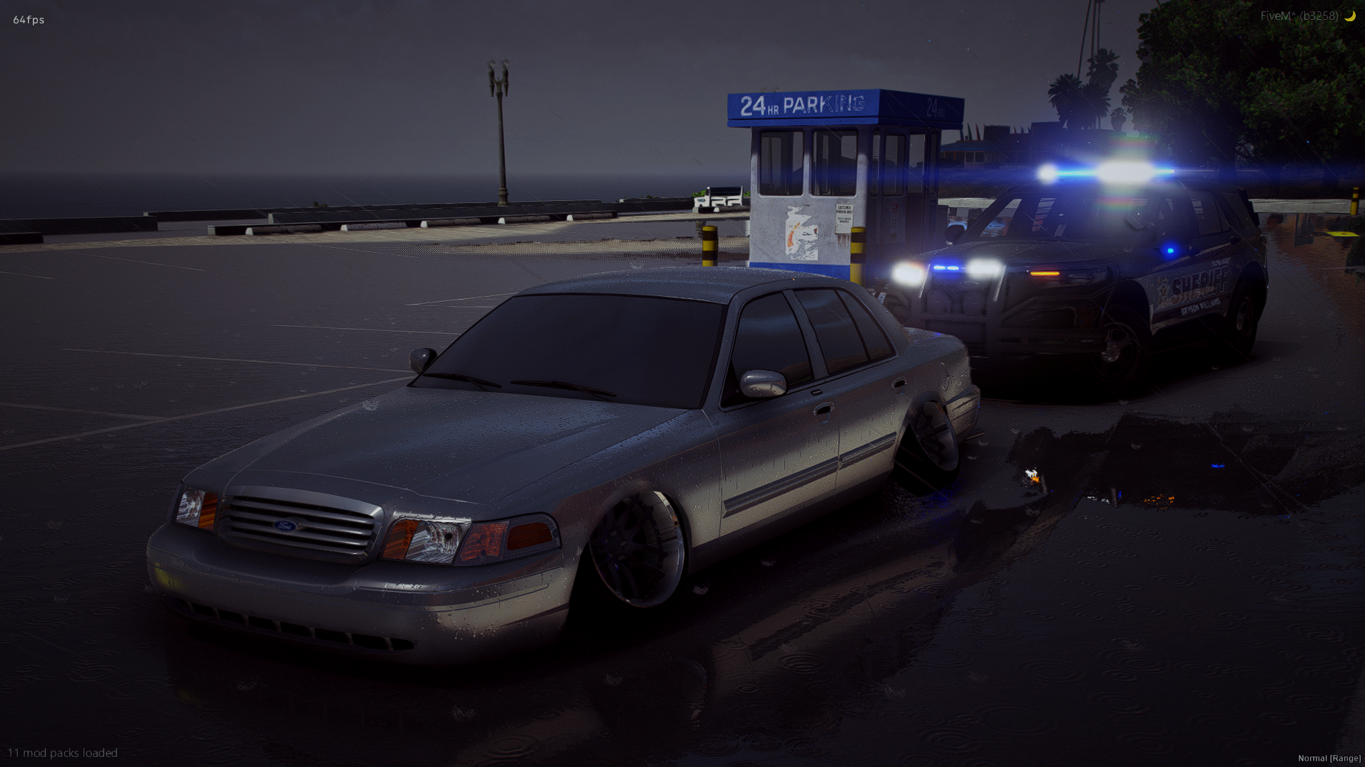 A parked silver sedan with rain droplets on its surface, a police SUV with flashing blue lights, and a blue parking booth on a rainy night at a waterfront parking lot with trees in the background.