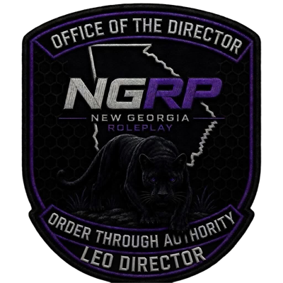 Emblem with a black panther and lightning bolts, featuring the text 'Office of the Director', 'New Georgia Roleplay', 'Order Through Authority', and 'Leo Director'.
