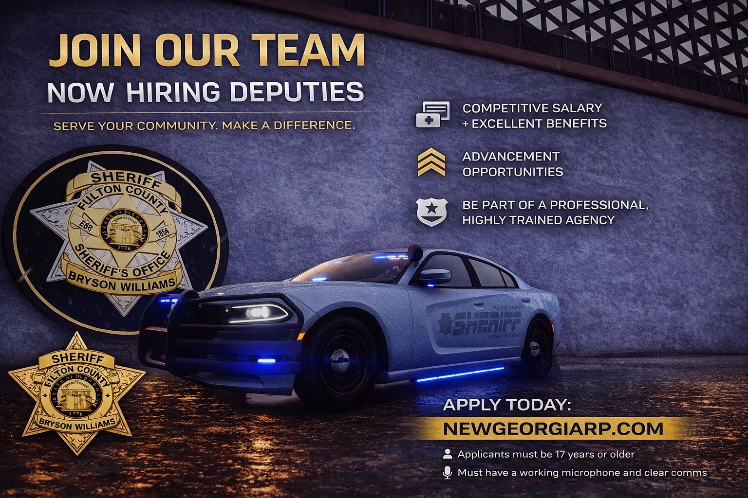 A recruitment poster for the Fulton County Sheriff's Office featuring a police car with blue lights, the sheriff's badge, and text inviting applications for deputy positions highlighting benefits like competitive salary, advancement opportunities, and professional agency.
