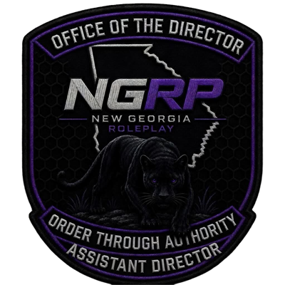 A shield-shaped patch with the text 'Office of the Director', 'Order Through Authority', and 'Assistant Director' surrounding the central emblem. The emblem features a black panther lying on a surface, with a background of a hexagonal pattern and a lightning bolt, and includes the text 'NGRP New Georgia Roleplay'.