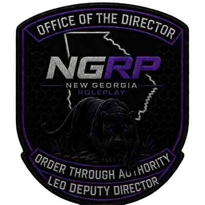 Patch featuring the New Georgia Roleplay (NGRP) emblem with a black panther, lightning bolts, and text indicating the Office of the Director, Order Through Authority, and Leo Deputy Director.