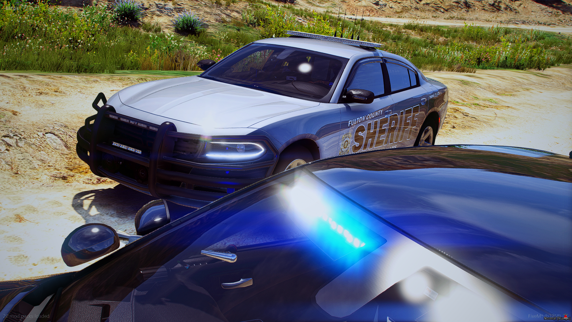 A police car marked 'Fulton County Sheriffs' with a black front bumper, black side mirrors, and a roof-mounted light bar, parked on a dirt area with grass and wildflowers in the background. Part of another vehicle with blue and black coloring is visi