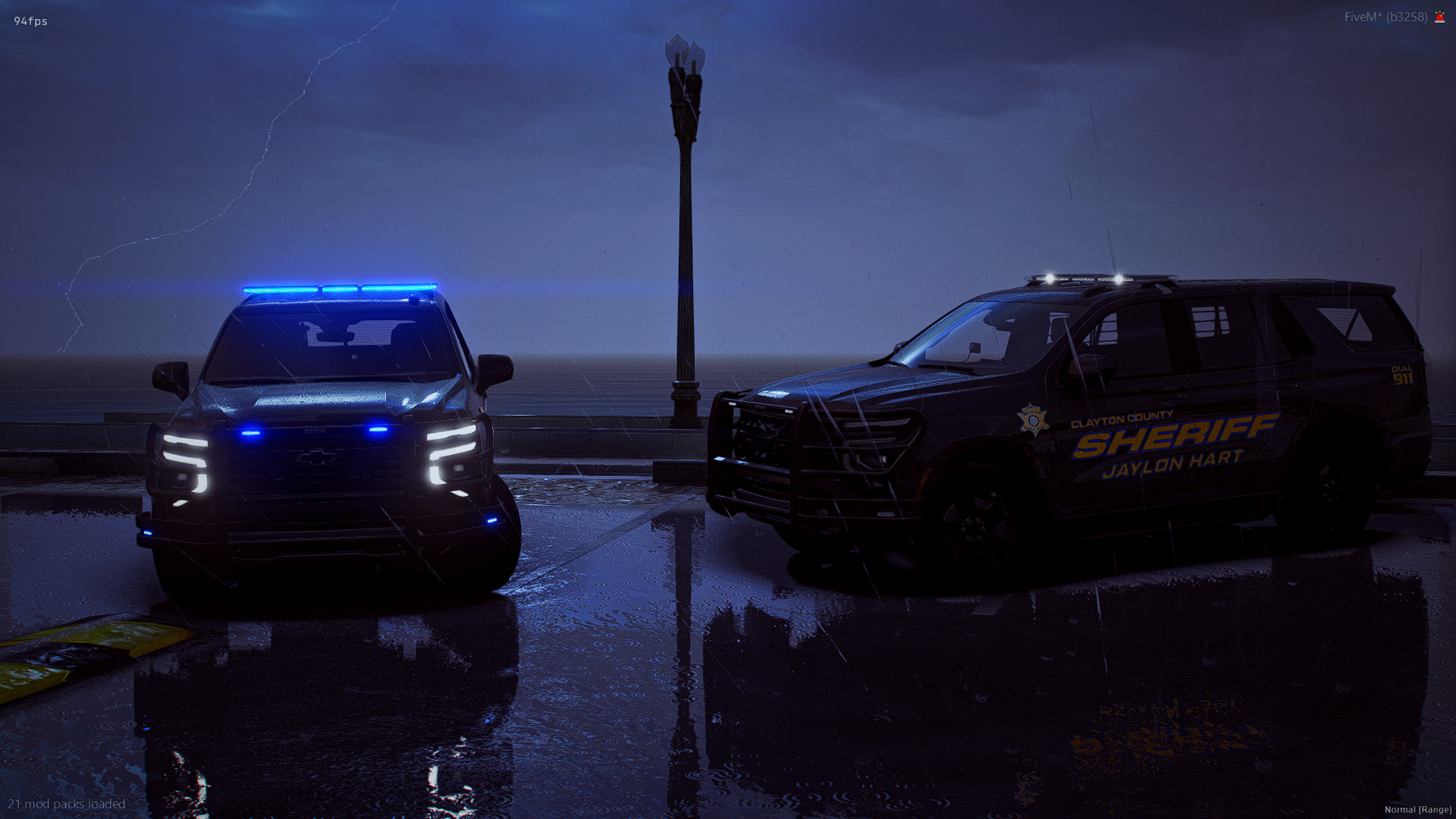 Stormy night scene with two police vehicles parked on a wet surface, lightning and rain in the background, and a streetlamp between the cars.