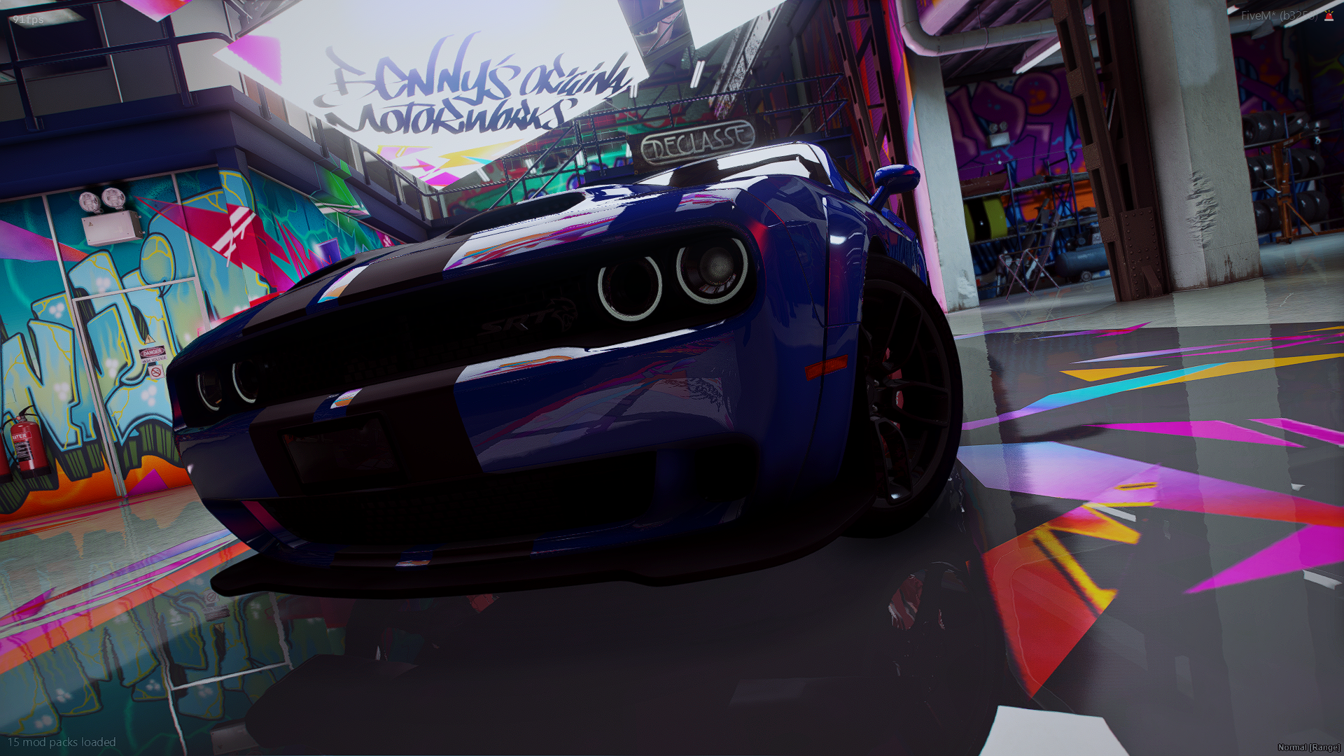A blue sports car with white racing stripes inside a colorful graffiti-decorated garage reflecting on the shiny floor.