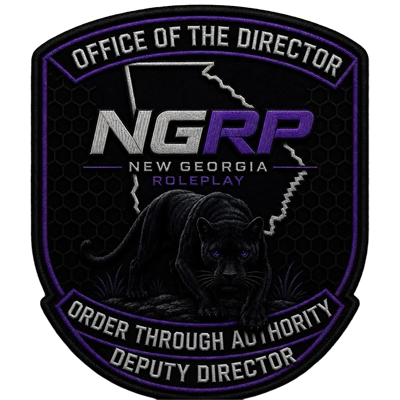 Embroidered patch with black panther, lightning bolts, and text for New Georgia Roleplay, including office of the director, order through authority, and deputy director.
