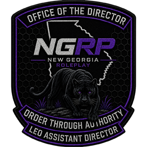 A badge or emblem for the New Georgia Roleplay (NG RP), featuring a black panther, purple and white text, and lightning bolts, with the phrases "Office of the Director," "Order Through Authority," and "LEO Assistant Director."