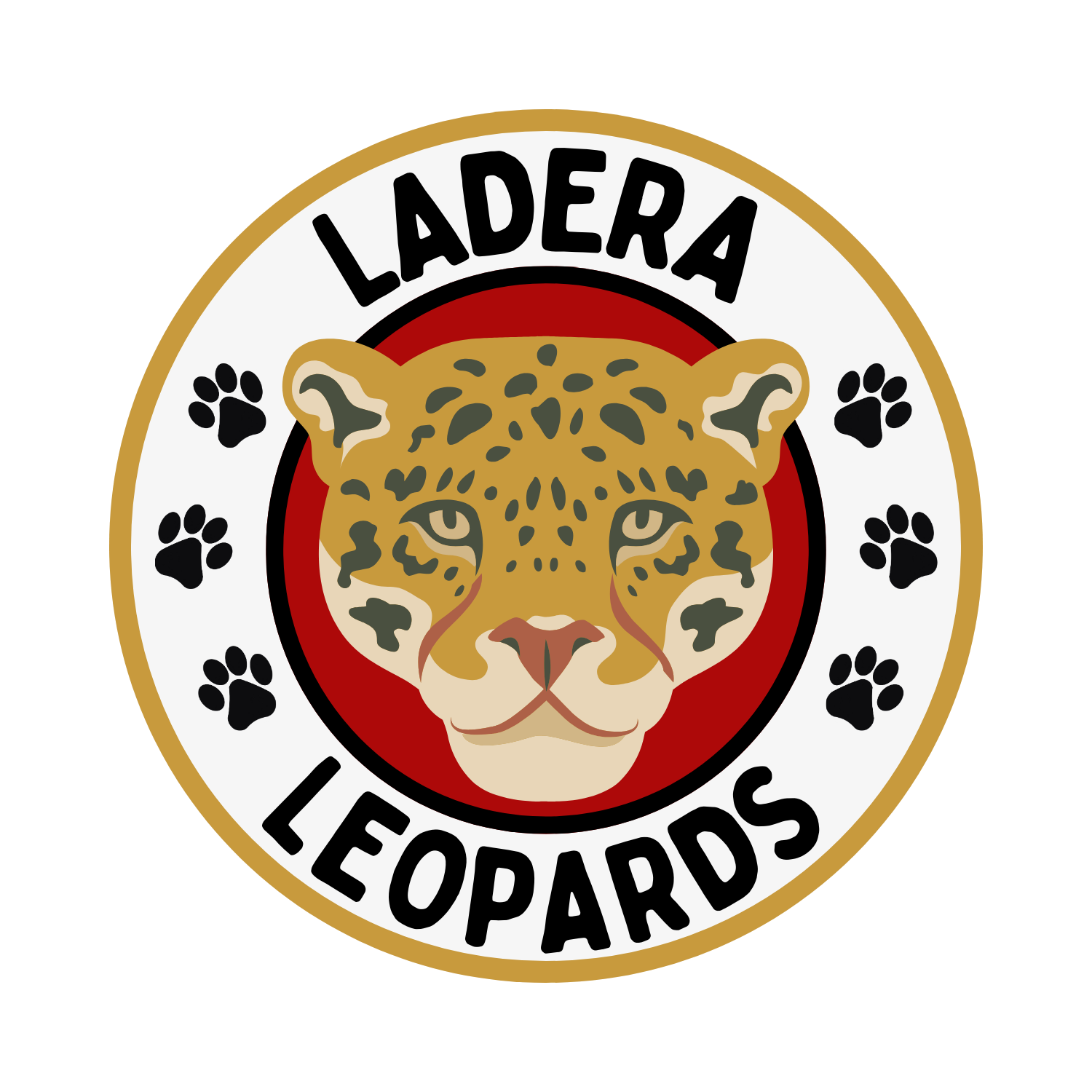 A circular logo with a leopard's face at the center, surrounded by black paw prints and the words "LADERA LEOPARDS" around the top and bottom edges.