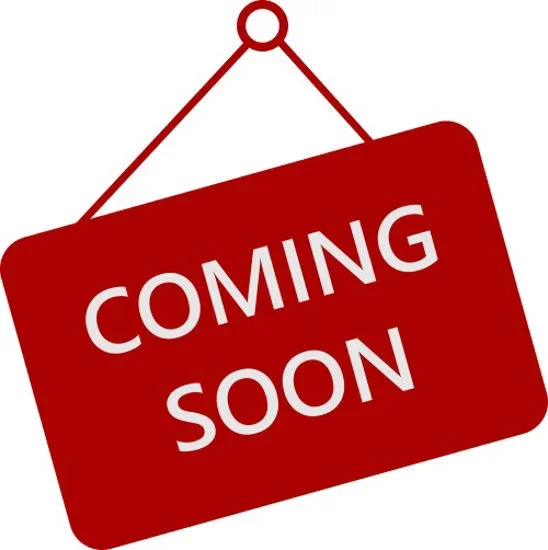 Red hanging sign with white bold text saying "Coming Soon"