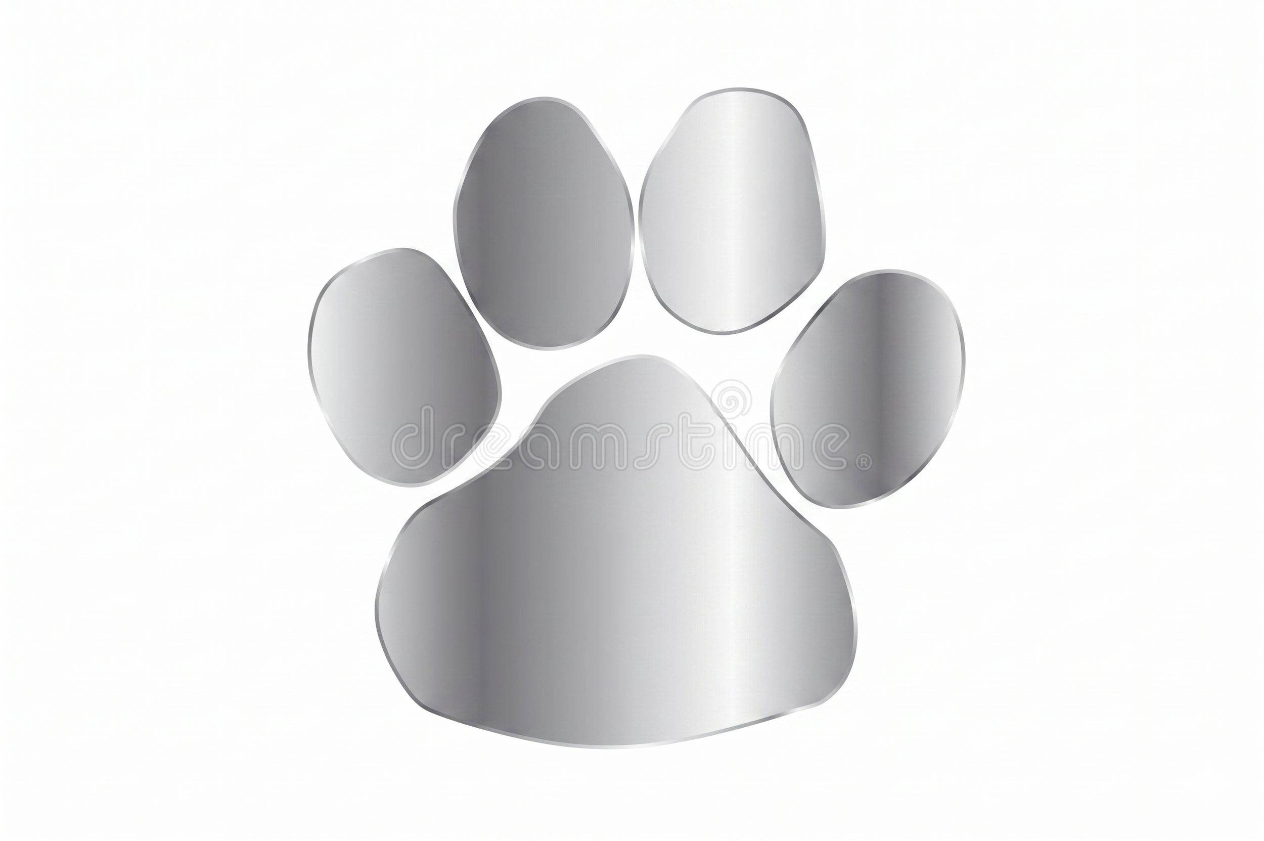 A silver-colored paw print icon with five toes on a white background.